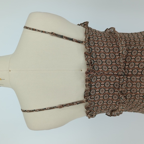 Love and Piece Floral Maxi Dress Tan Green M retro summer ruffle bohemian party - Picture 4 of 9